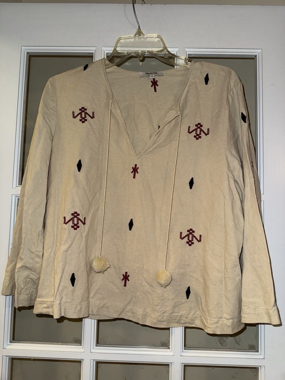 Madewell Embroidered Top Raw Silk Noil Yarn Size MD Beige Tribal Print Western